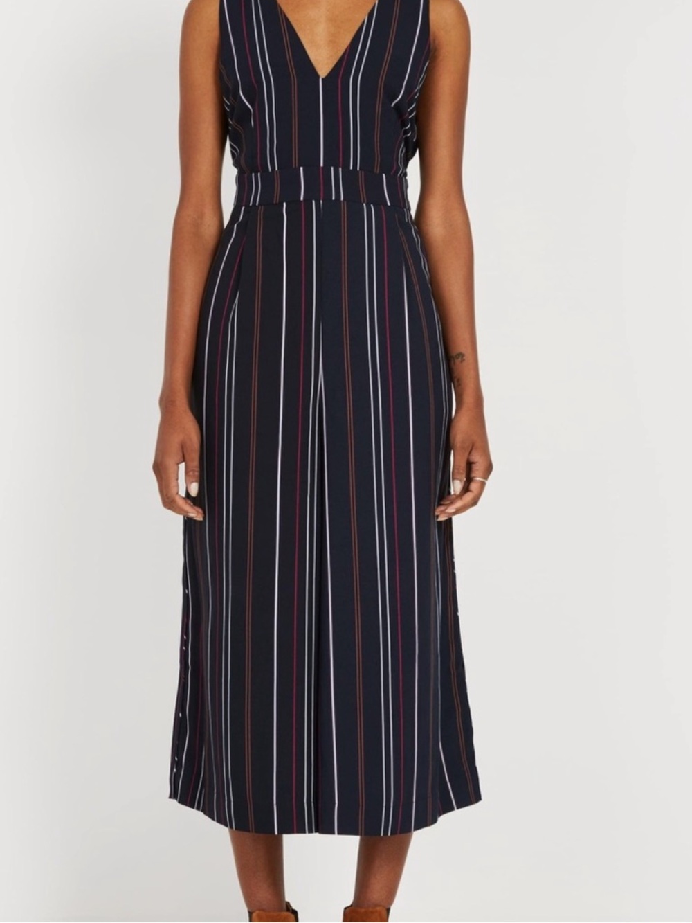 Frank & Oak Navy Sleeveless V-Neck Jumpsuit with Stripes